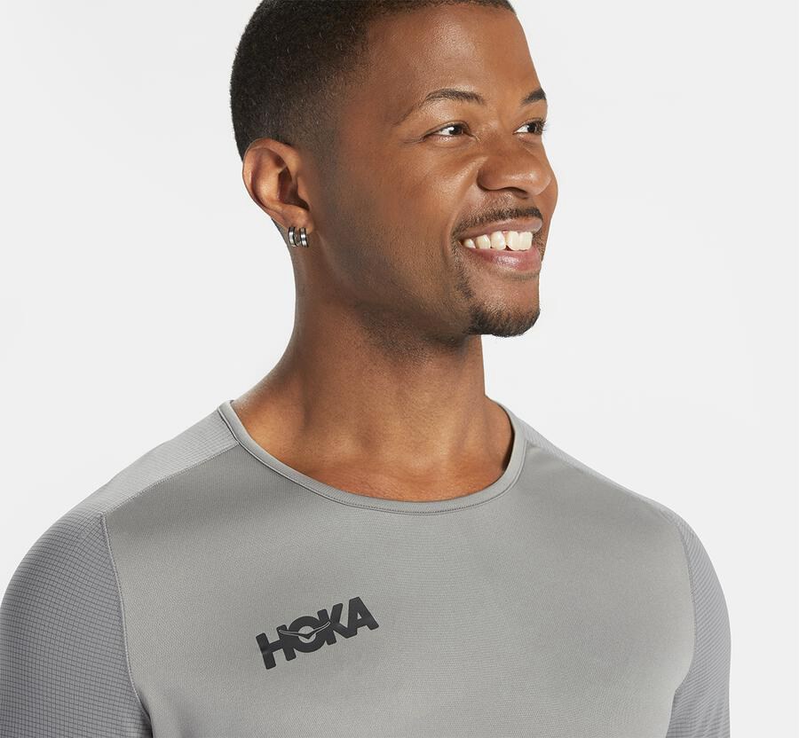 Top Hoka One One Hombre - Performance Largos Sleeve - Gris - RIQ975032